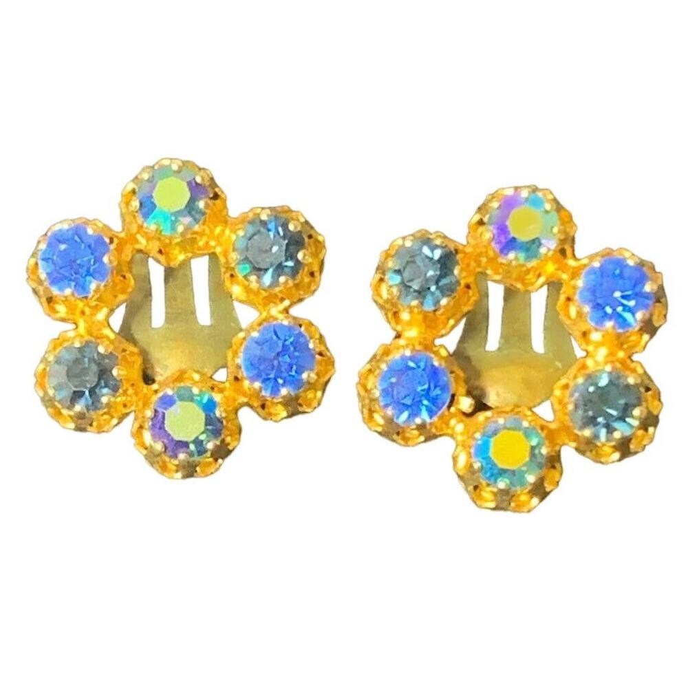 Vintage Clip-On Earrings, Blue & Gold